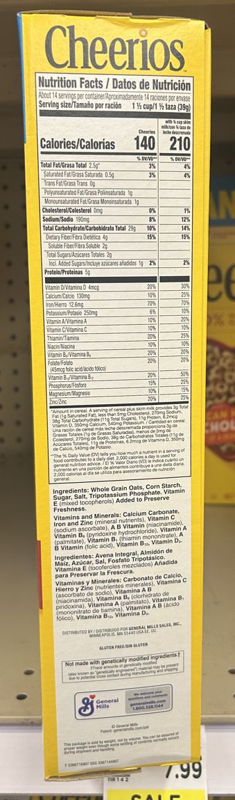 Etiqueta de datos de nutrición de Cheerios