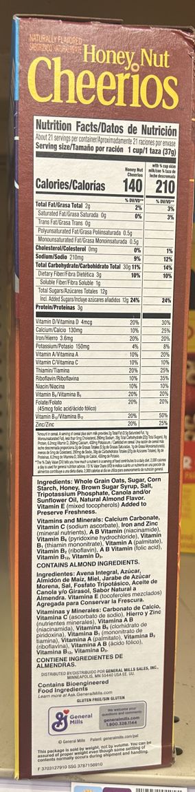 Etiqueta de datos de nutrición de Honey Nut Cheerios